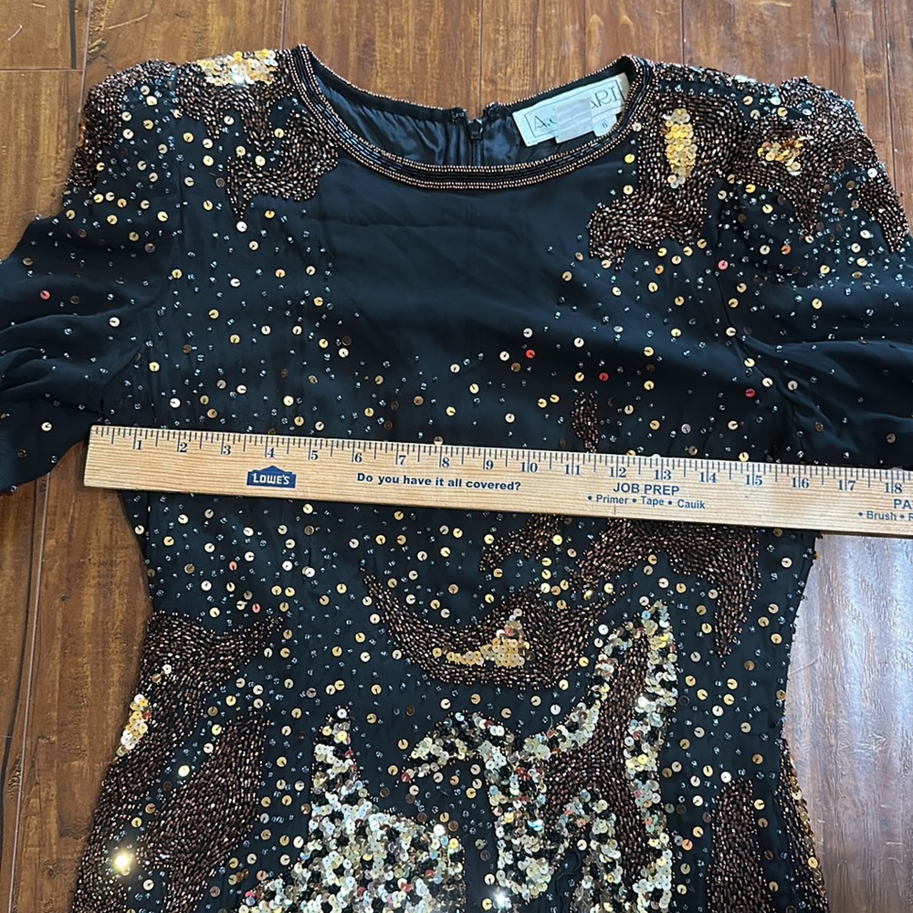 Vintage 80s A.J. Bari Size 6 Black Silk Sequin Beaded Illusion Dress - Picture 10 of 12